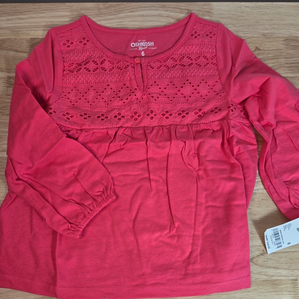 OshKosh Bgosh Girls Pink Eyelet Lace Yoke Long Sleeve Top Size 6 NWT